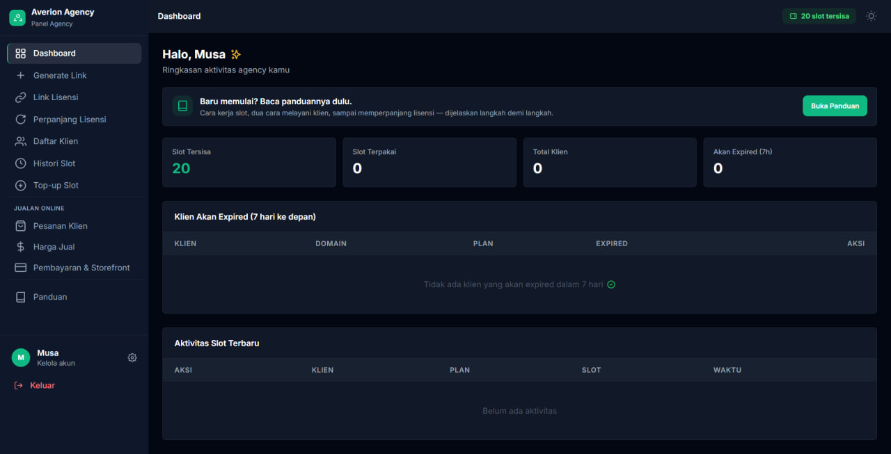 Panel dashboard Averion Agency — pantau sisa slot, klien aktif, dan lisensi dalam satu layar